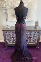 Dark Purple Lace-Up Back Mermaid Prom Dresses with Beading