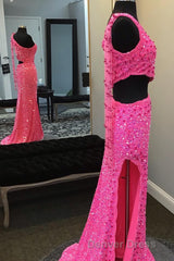 Hot Pink One Shoulder Sequins Prom Dresses with Slit