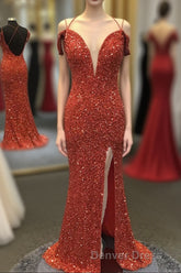 Orange Sparkly Spaghetti Straps Sequins Long Prom Dresses with Slit