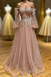 Blush Corset Off the Shoulder Long Prom Dresses with Appliques