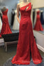 Mermaid One Shoulder Red Long Prom Dresses with Keyhole