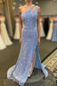 Light Blue One Shoulder Cut-Out Mermaid Long Prom Dresses with Fringes