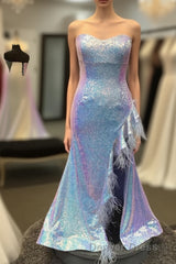 Plus Size Light Blue Sweetheart Mermaid Sequins Long Prom Dresses with Feathers
