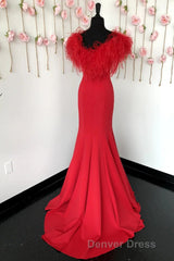 Red Mermaid Long Prom Dresses with Feathers