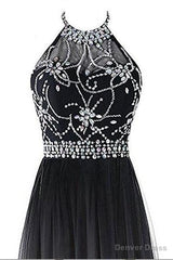 Classy Black And White Halter Lace Up Long Beaded Prom Dress