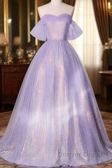 A Charming Sequin Lavender A-Line Sheer Strapless Dance Dresses, Lavender Princess Off The Shoulder Sleeveless Sheer Evening Dresses