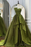 A Line Asymmetrical Strapless Green Long Prom Dresses with Ruffles
