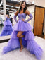 A Line Asymmetrical Strapless Tiered Tulle Prom Dresses