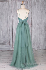 A Line Backless Lace Green Long Prom Dresses, Backless Green Lace Formal Graduation Evening Dresses