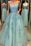 A Line Backless Lace Long Sky Blue Prom Dress, Backless Sky Blue Lace Prom Dress, Sky Blue Prom Dresses
