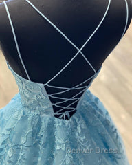 A Line Backless Lace Long Sky Blue Prom Dresses, Backless Sky Blue Lace Formal Dresses, Sky Blue Evening Dresses