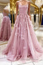 A Line Backless Pink Floral Long Prom Dress, Pink Floral Prom Graduation Prom Dresses