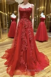 A Line Backless Red Lace Long Prom Dresses, Long Red Lace Formal Dresses, Red Evening Dresses