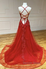 A Line Backless Red Lace Long Prom Dresses, Long Red Lace Formal Dresses, Red Evening Dresses
