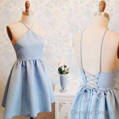 A Line Backless Short Blue Prom Dresses, Short Blue Homecoming Formal Dresses, Evening Dresses