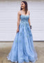 A Line Bateau Court Train Lace Prom Dresses With Appliqued
