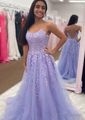 A-line Bateau Court Train Tulle Glitter Prom Dresses With Appliqued Beading