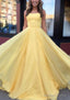 A Line Bateau Spaghetti Straps Sweep Train Chiffon Prom Dresses