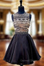 A Line Beaded Crystals Backless Black Short Homecoming Dresses