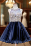 A Line Beaded Crystals Navy Blue Prom Homecoming Dresses