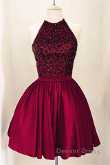 A-Line Beaded Halter Keyhole Back Satin Homecoming Dresses Short