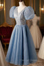 A Line Beaded Short Prom Dress, Cute Short Sleeve Homecoming Prom Dresses