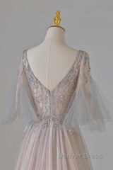 A-Line Beaded V-Neckline Tulle Formal Dresses, Puffy Sleeves Long Prom Dresses