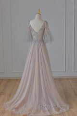 A-Line Beaded V-Neckline Tulle Formal Dresses, Puffy Sleeves Long Prom Dresses