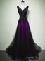 A-Line Black And Purple Tulle V-Neckline Beaded Prom Dress, Black Tulle Formal Dress