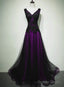 A Line Black And Purple Tulle V Neckline Beaded Prom Dress, Black Tulle Prom Dresses