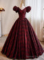 A-Line Black And Red Lace Short Sleeves Prom Dress, Black And Red Long Prom Dresses