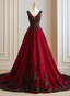 A-Line Black And Red Tulle With Lace Prom Dress, Black And Red Prom Dresses