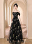 A Line Black Floral Tulle Floor Length Prom Dress, Off the Shoulder Prom Dresses