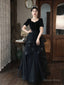 A Line Black Layers Short Sleeves Prom Dress, Black Velvet and Tulle Prom Dresses