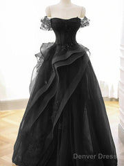 A-Line Black Off Shoulder Tulle With Lace Party Dress, Black Tulle Prom Dress