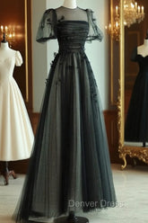 A-Line Black Puff Sleeves Tulle Long Prom Dresses, Black Formal Evening Dresses