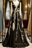 A Line Black Satin See Through V Neck Appliques Prom Dresses