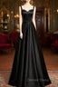 A-line Black Satin Straps Long Formal Dresses, Black Simple Prom Dresses