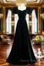 A Line Black Short Sleeves Velvet Long Prom Dress, Black Simple Bridesmaid Dresses