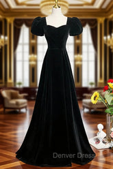 A-line Black Short Sleeves Velvet Long Party Dresses, Black Simple Bridesmaid Dresses