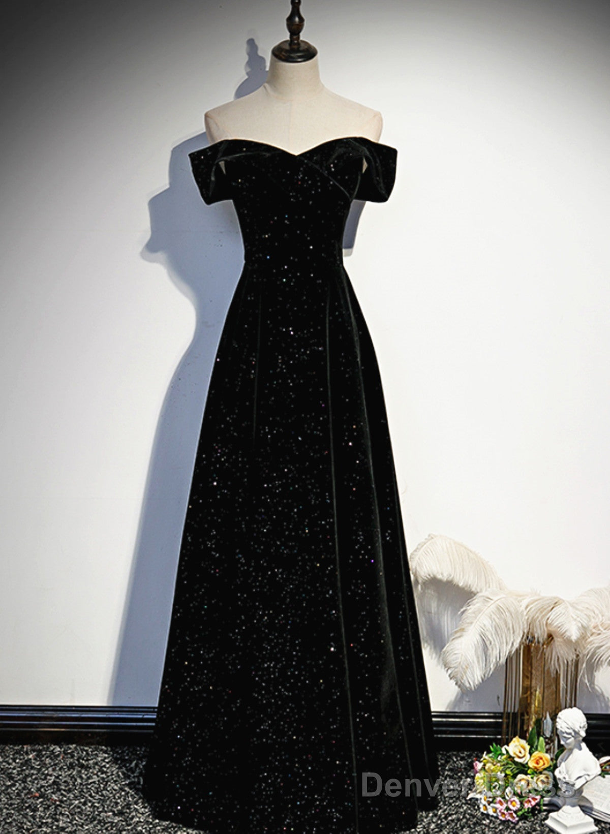 A-Line Black Sweetheart Off Shoulder Long Velvet Prom Dress, Black Eve
