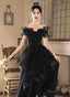 A Line Black Tulle and Lace Off Shoulder Prom Dress, Black Long Prom Dresses