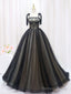 A Line Black Tulle Lace Long Prom Dress, Black Long Prom Dresses