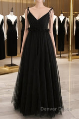 A-Line Black Tulle Long Prom Dresses, Black Formal Evening Dresses