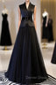 A Line Black Tulle Satin V Neck Prom Dresses With Sash