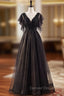 A Line Black Tulle Sequins V Neck Beading Prom Dresses