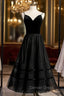 A-Line Black Tulle Spagehtti Straps Tulle Tea Length Prom Dresses