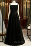 A Line Black Tulle Spaghetti Straps Tulle Beading Prom Dresses