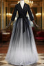 A Line Black Tulle V Neck Long Sleeve Prom Dresses
