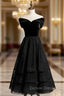 A-Line Black Tulle Velvet Off the Shoulder Tea Length Prom Dresses